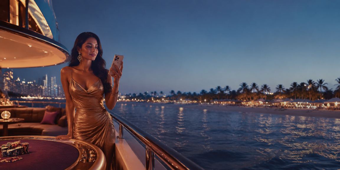 Luxury VIP casino lounge experience presented with Indian beach background